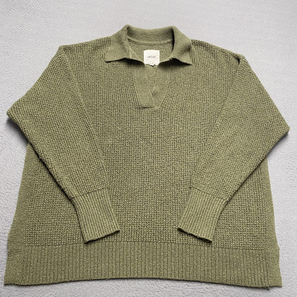 Aerie Sweater Pullover Womens XS Green Waffle-Knit Collared Oversized Stretch‎